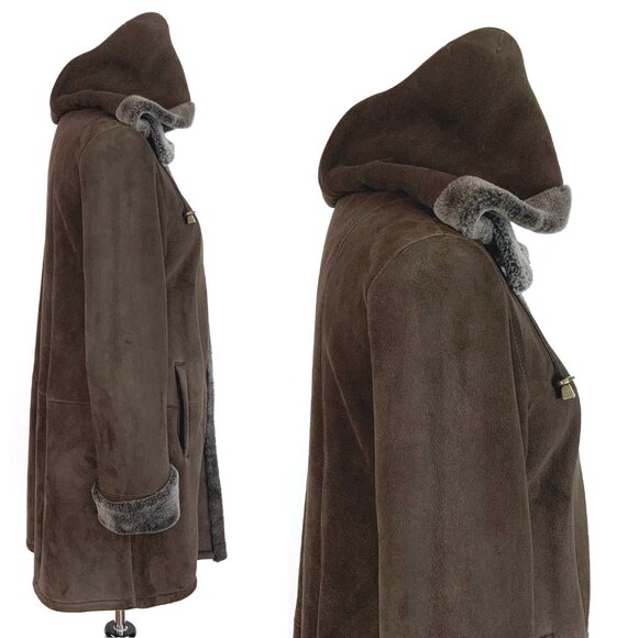 Marco Gianotti Macy's Brown Genuine Sherling Hooded Coat Sz 8 - Picture 4 of 16
